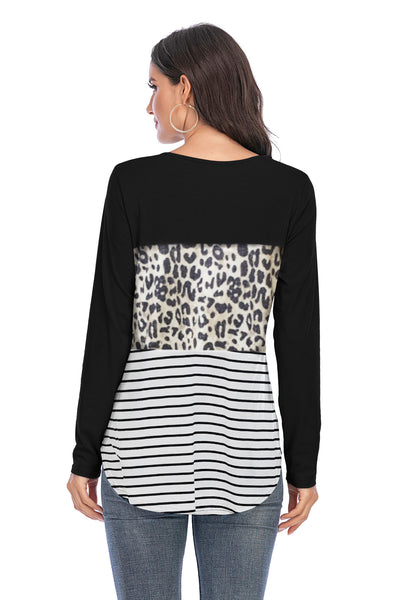 Stripe Colorblock Leopard Long Sleeve Tops in Black AM124 0664