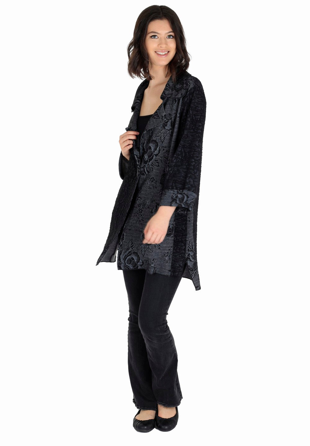 Charcoal Floral Print Lapel Collar one Button  Asymmetric Long Jacket
