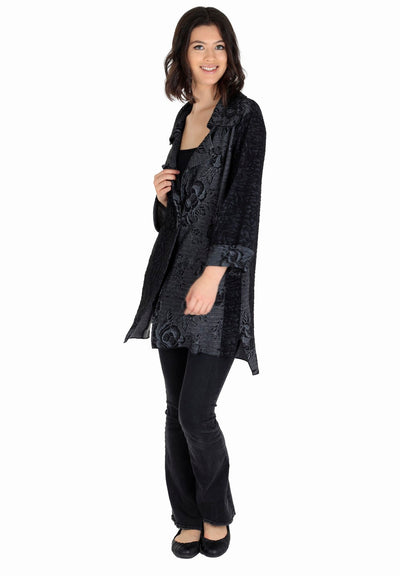 Charcoal Floral Print Lapel Collar one Button  Asymmetric Long Jacket