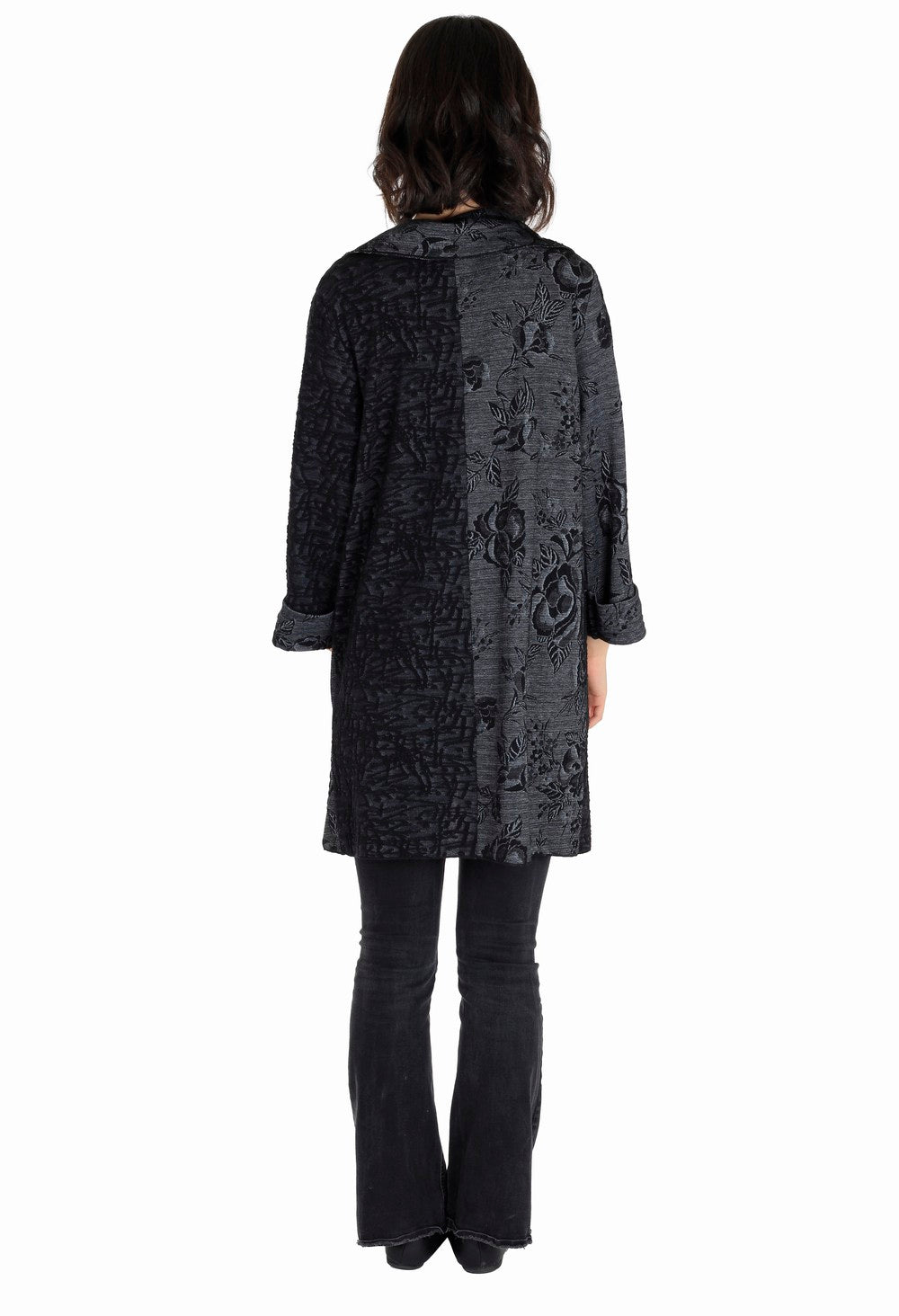 Charcoal Floral Print Lapel Collar one Button  Asymmetric Long Jacket