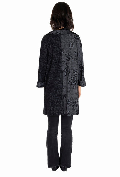 Charcoal Floral Print Lapel Collar one Button  Asymmetric Long Jacket