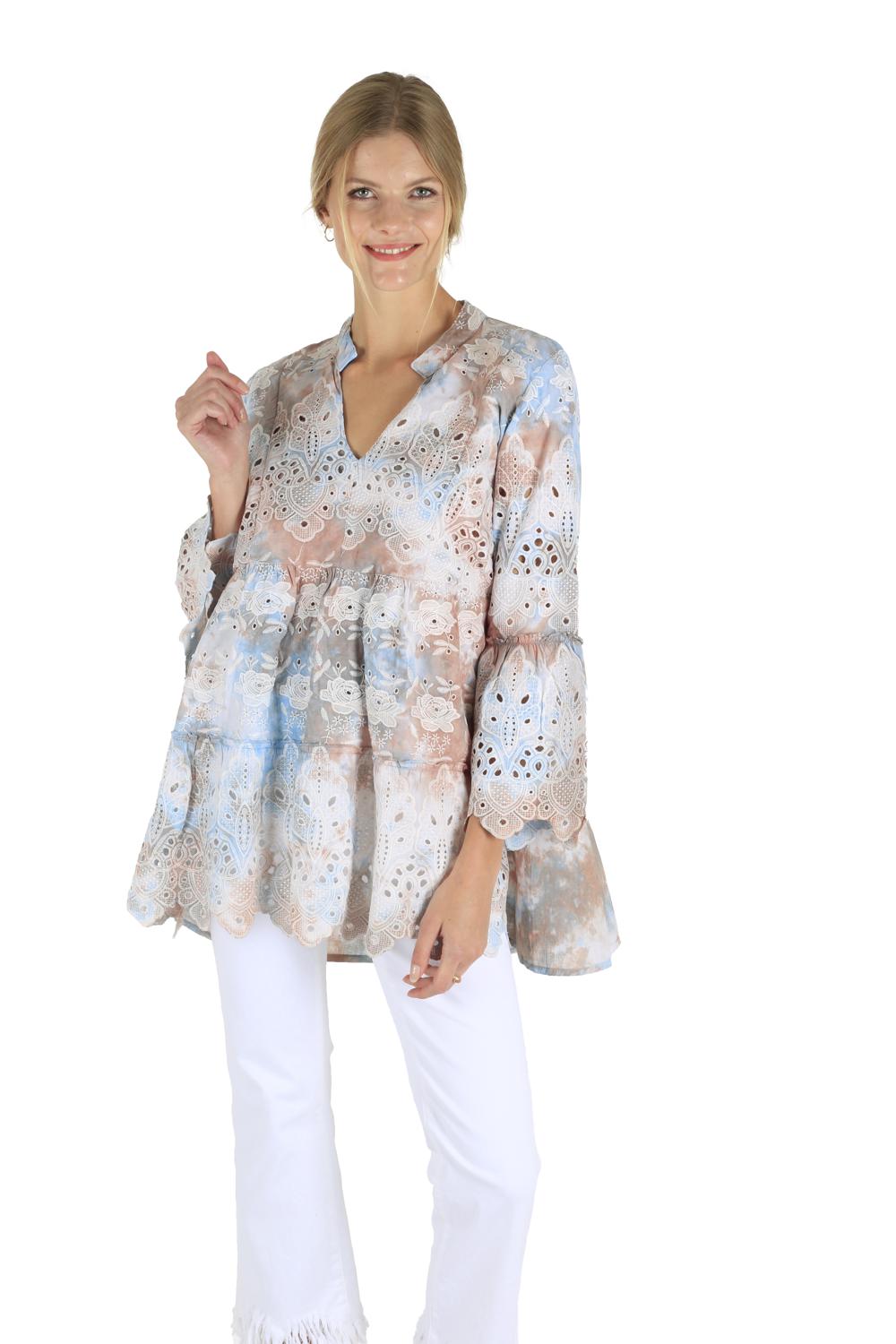 TIE DYE FLARED TUNIC IN FOREST BROWN