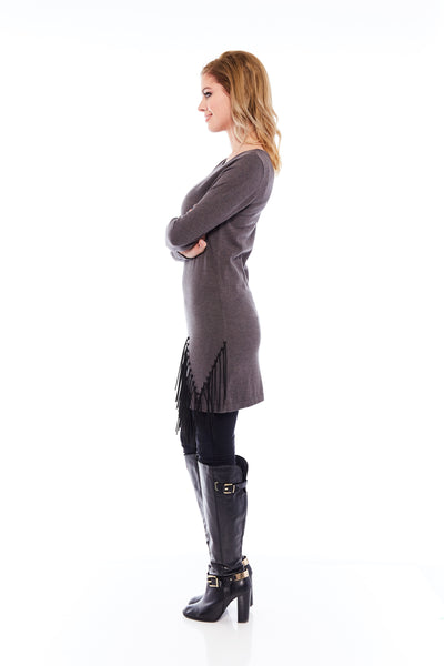 THE COZY IMITATED LEATHER TASSEL TUNIC IN GREY