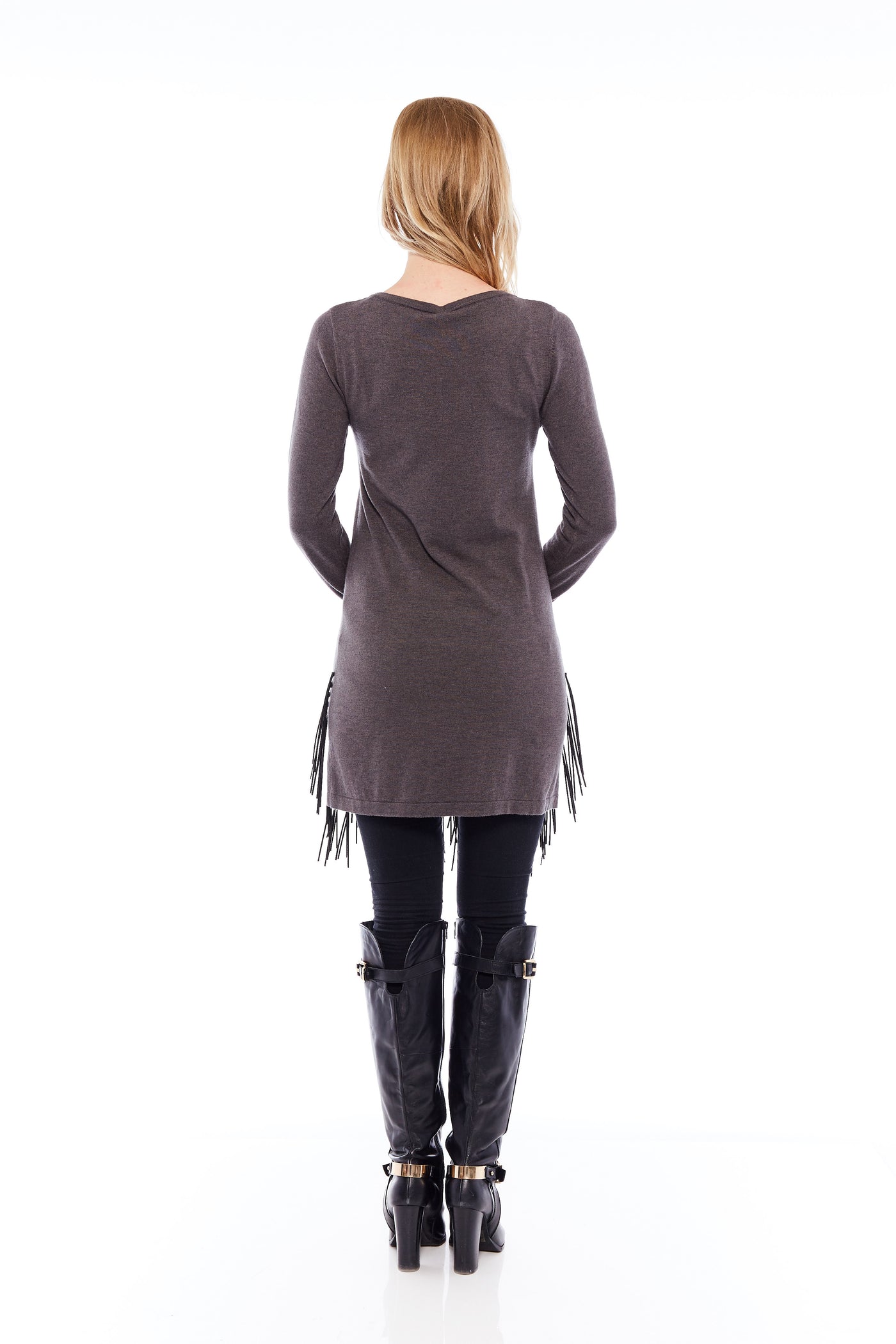 THE COZY IMITATED LEATHER TASSEL TUNIC IN GREY