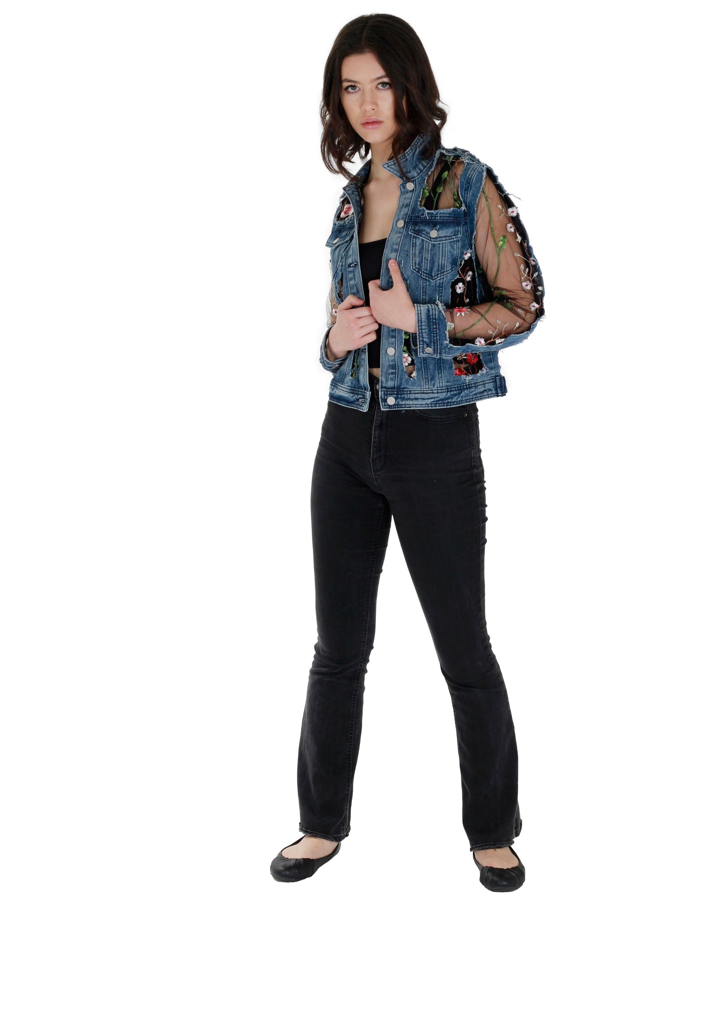 Vintage Denim Jacket features a mesh panel with floral embroidery detailing