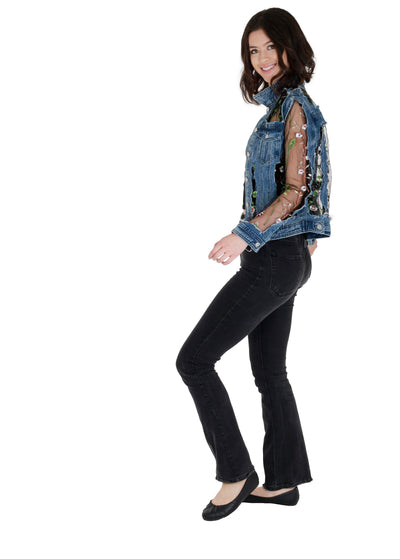 Vintage Denim Jacket features a mesh panel with floral embroidery detailing