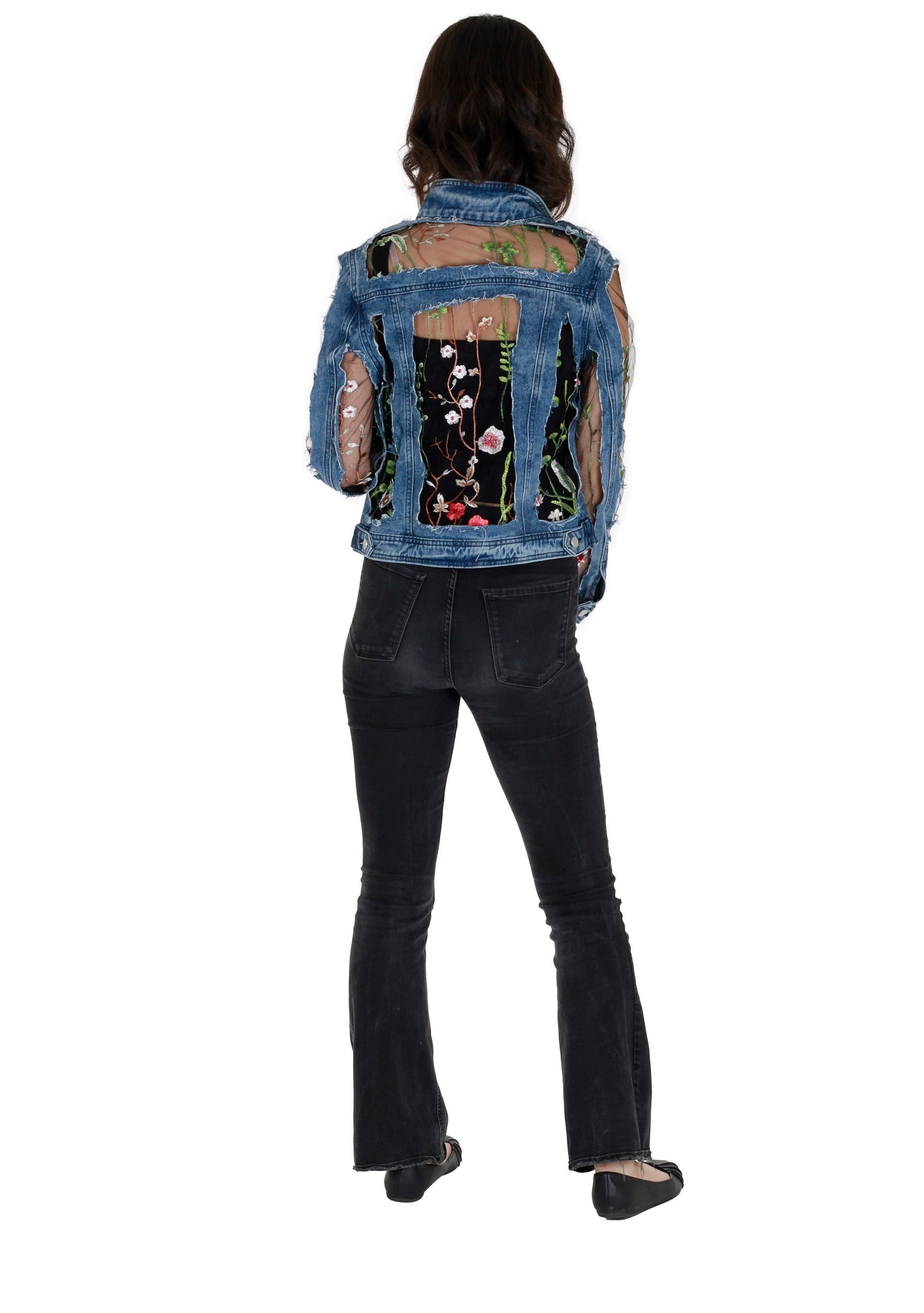 Vintage Denim Jacket features a mesh panel with floral embroidery detailing