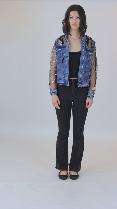 Vintage Denim Jacket features a mesh panel with floral embroidery detailing