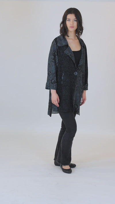 Charcoal Floral Print Lapel Collar one Button  Asymmetric Long Jacket